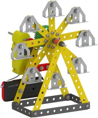 Yellow and gray Ferris wheel model made from Mechanix building set for kids by T-Rex the Toyland Sitamarhi
