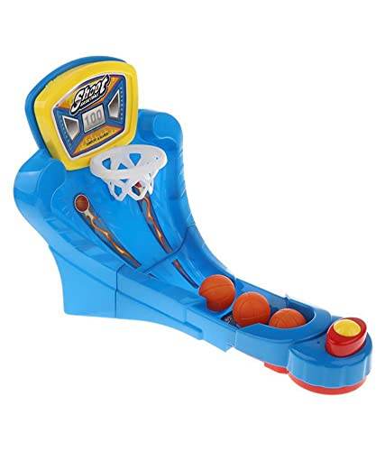 Blue plastic target practice toy for children with basketball hoop and three orange balls