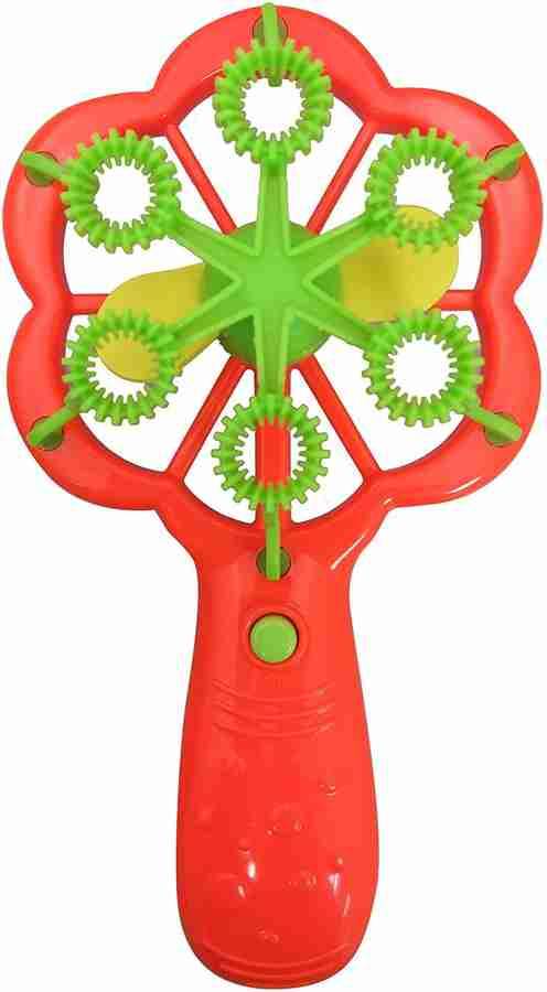 Red and green bubble machine for kids with multiple bubble wand rings and easy button operation