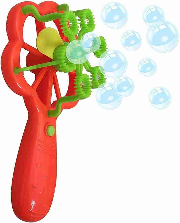 Red and green handheld bubble machine for kids blowing multiple bubbles