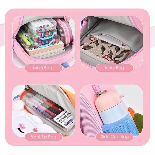Carrot bunny children bag by T-Rex the toyland Sitamarhi showing main, inner, front zip, and side cup compartments