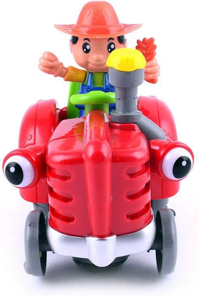 LUMO cartoon light up tractor toy with red body and smiling farmer figure in orange hat