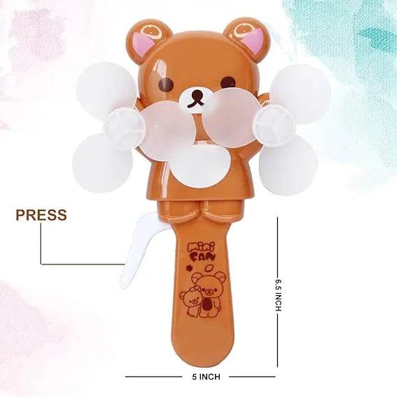 Cartoon mini hand fan for kids shaped like a brown bear with dual white fan blades