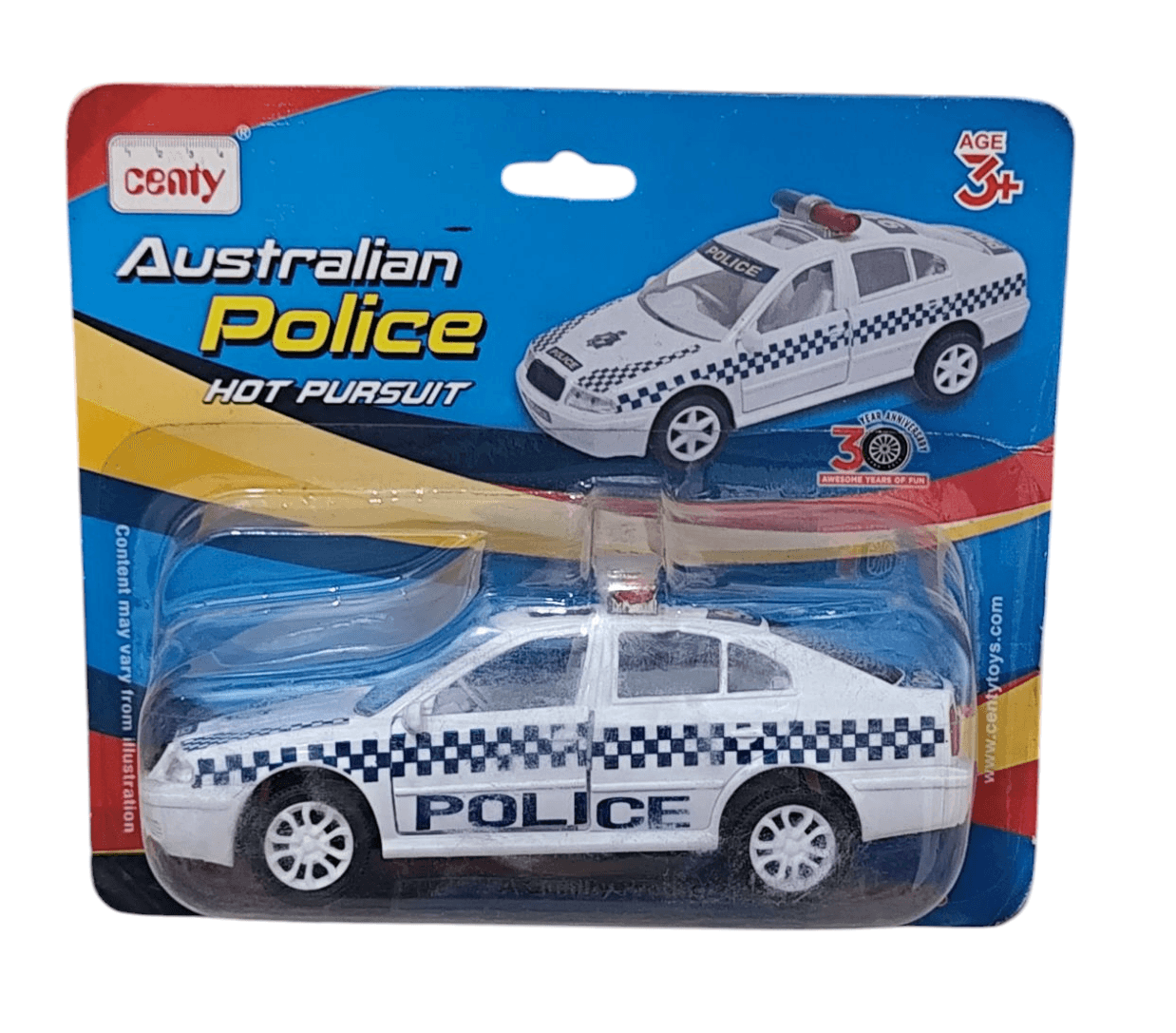 Centy Pull Back Series Australian police toy car in white with blue checkered pattern and siren