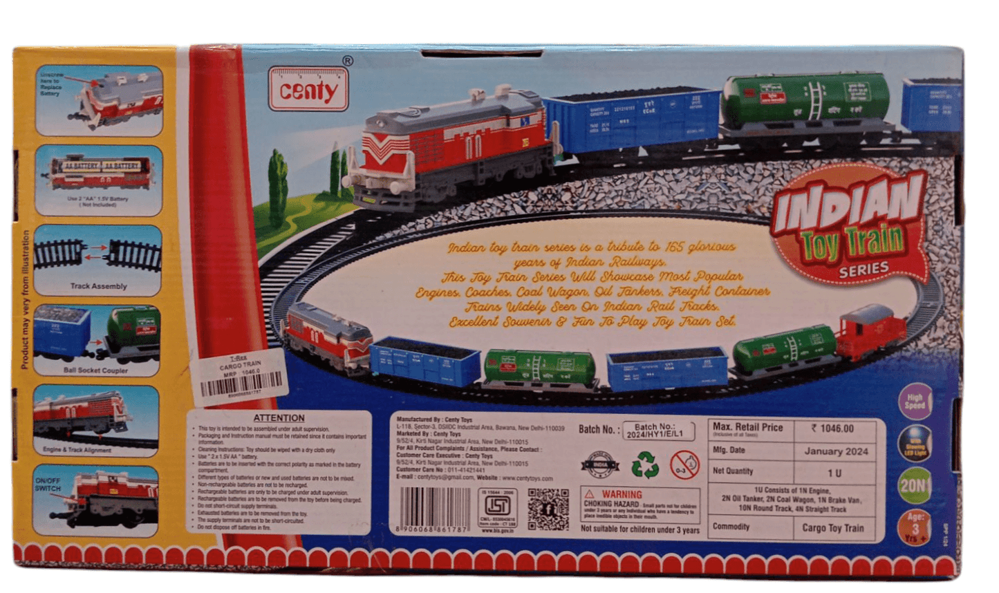 Centy cargo train battery operated toy packaging showing a red locomotive and green and blue cargo cars on circular tracks