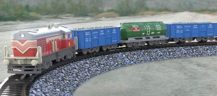 Centy cargo train battery operated toy with red engine and blue and green cargo cars on curved track