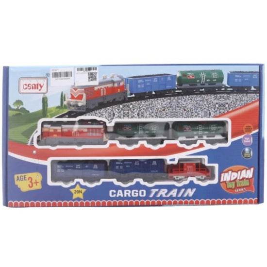 Centy cargo train battery operated toy set with red locomotive and blue and green cargo cars in packaging