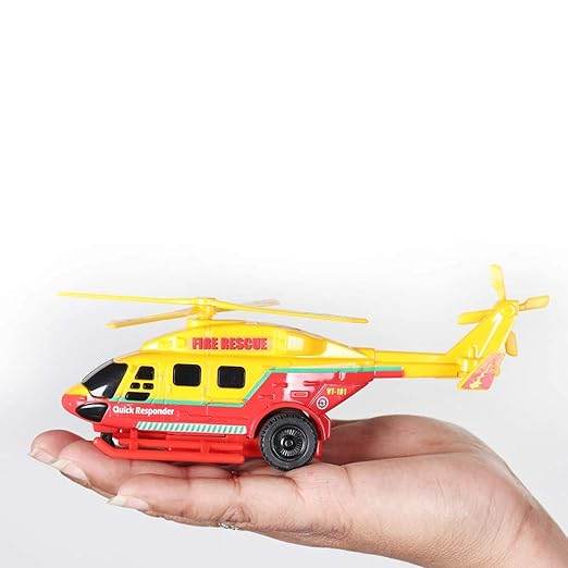 Fire rescue helicopter toy pack with yellow and red emergency vehicle held in hand