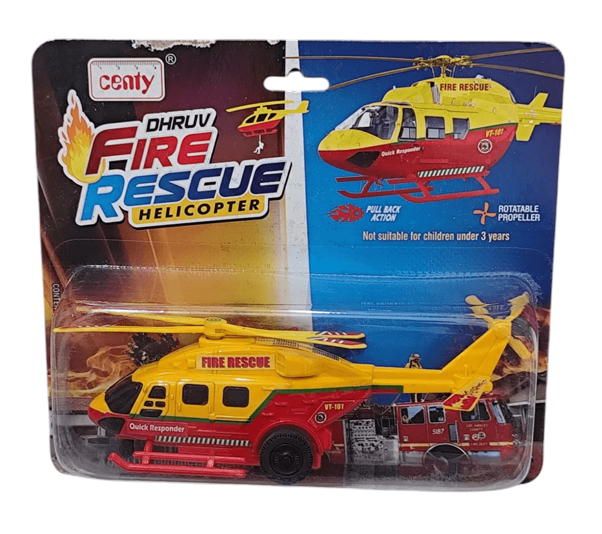 Centy Dhruv bright yellow and red fire rescue helicopter toy pack with rotatable propeller and pull back action
