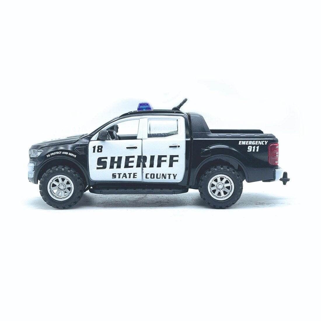 Black and white friction action emergency squad vehicle toy sheriff pickup truck with siren on top