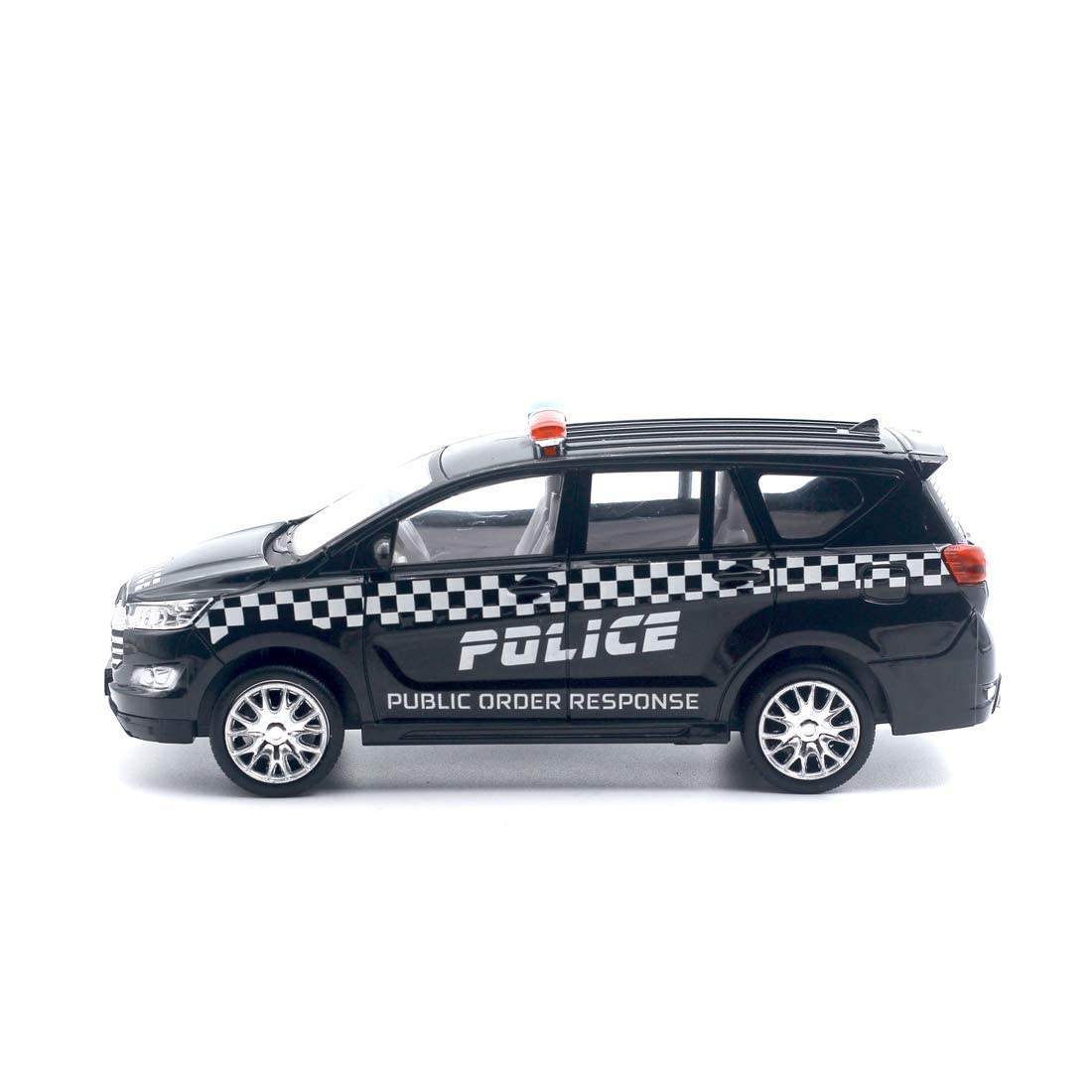 Black Centy police toy car with checkered pattern and public order response text