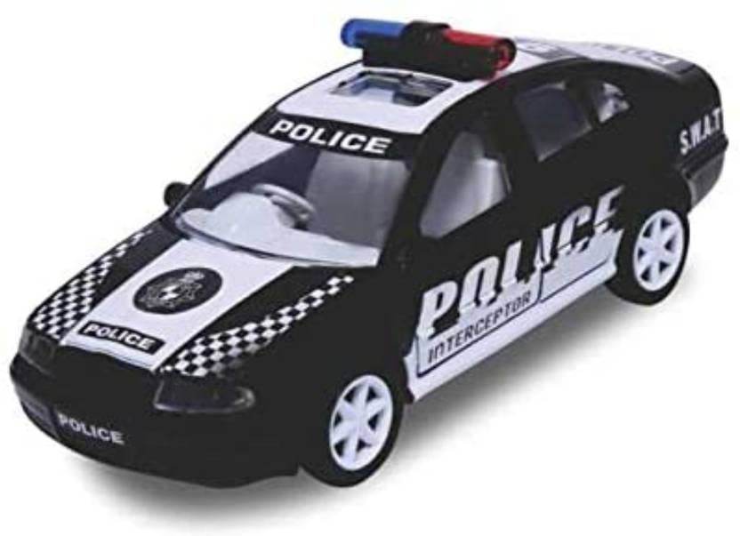 Black SWAT police car toy with pullback action featuring police decals and red blue siren light