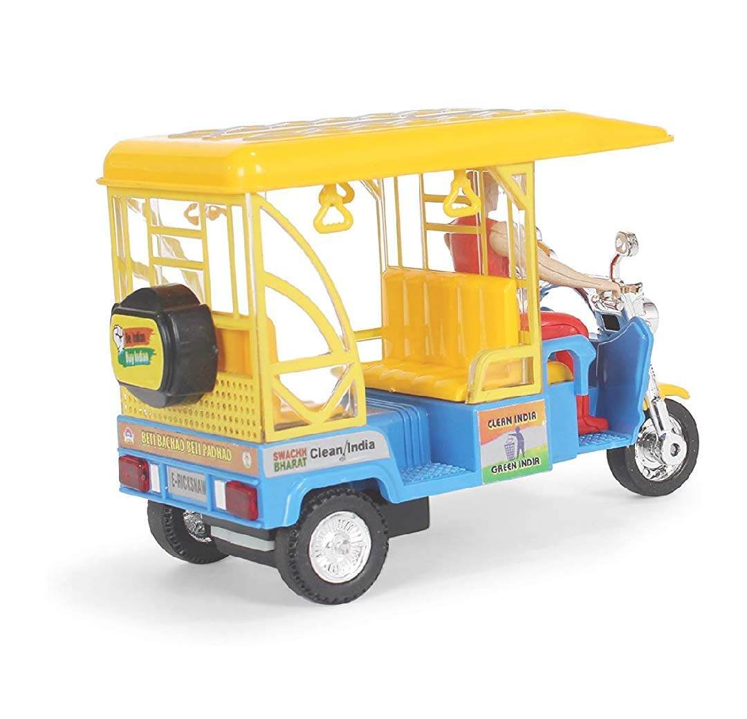 Centy Toys e rickshaw toy in yellow and blue with detailed design and miniature driver figure