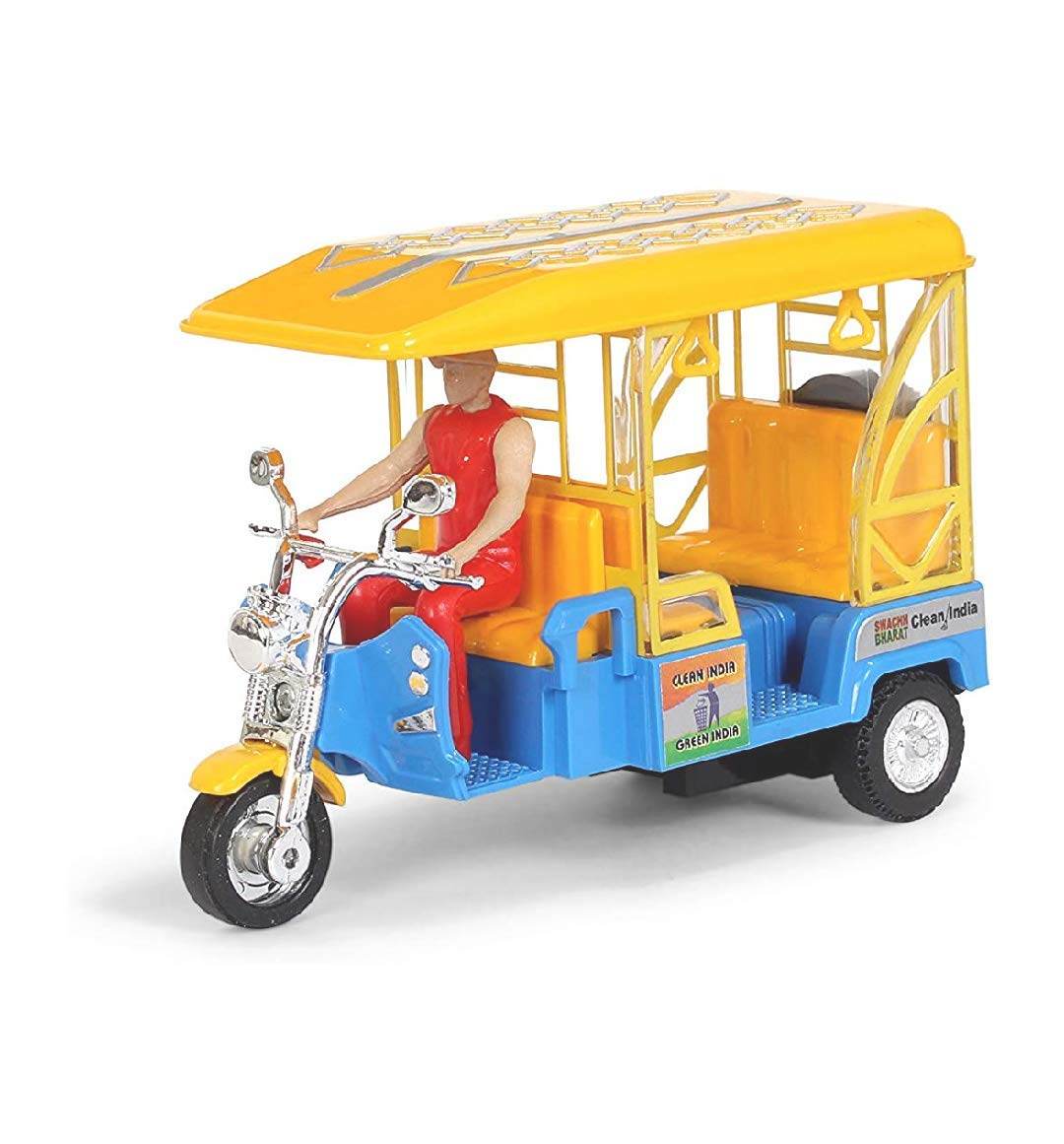Centy Toys e rickshaw toy in blue and yellow with a driver figure in red outfit
