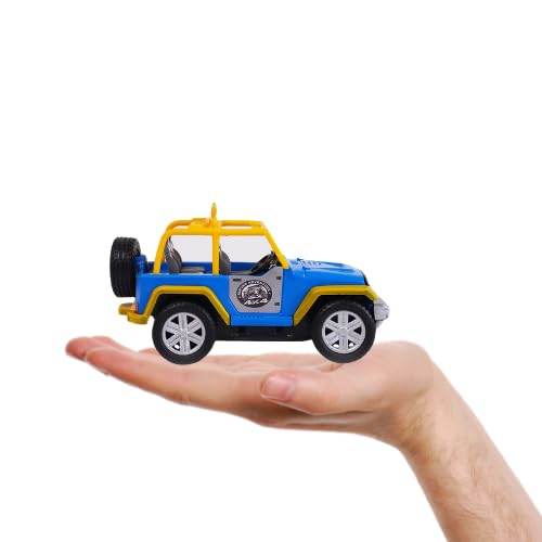 Hand holding a blue and yellow Centy Toys Ranger Adventure car toy with realistic details