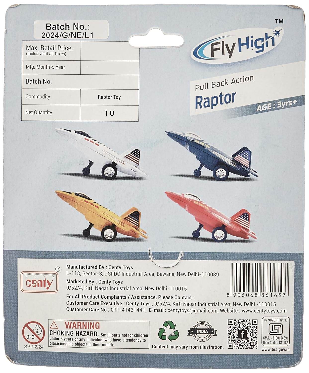 Centy Toys Raptor press and go pull back action toy airplanes in multiple colors on packaging card
