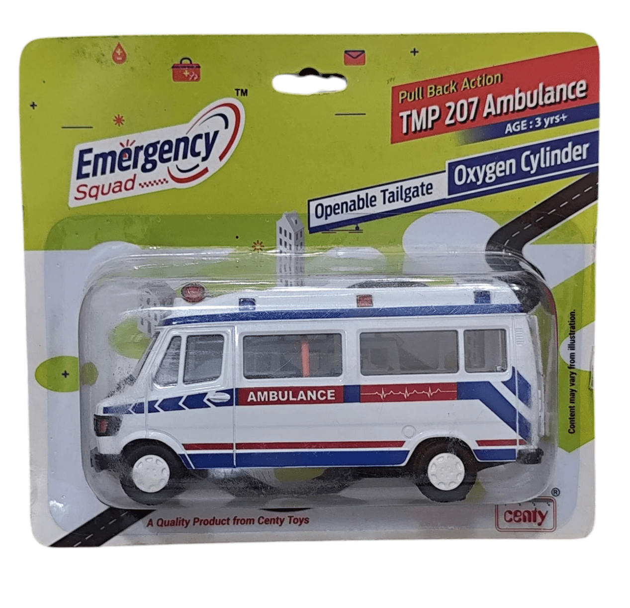 Pull back ambulance vehicle toy by T-Rex the toyland Sitamarhi with openable tailgate and oxygen cylinder