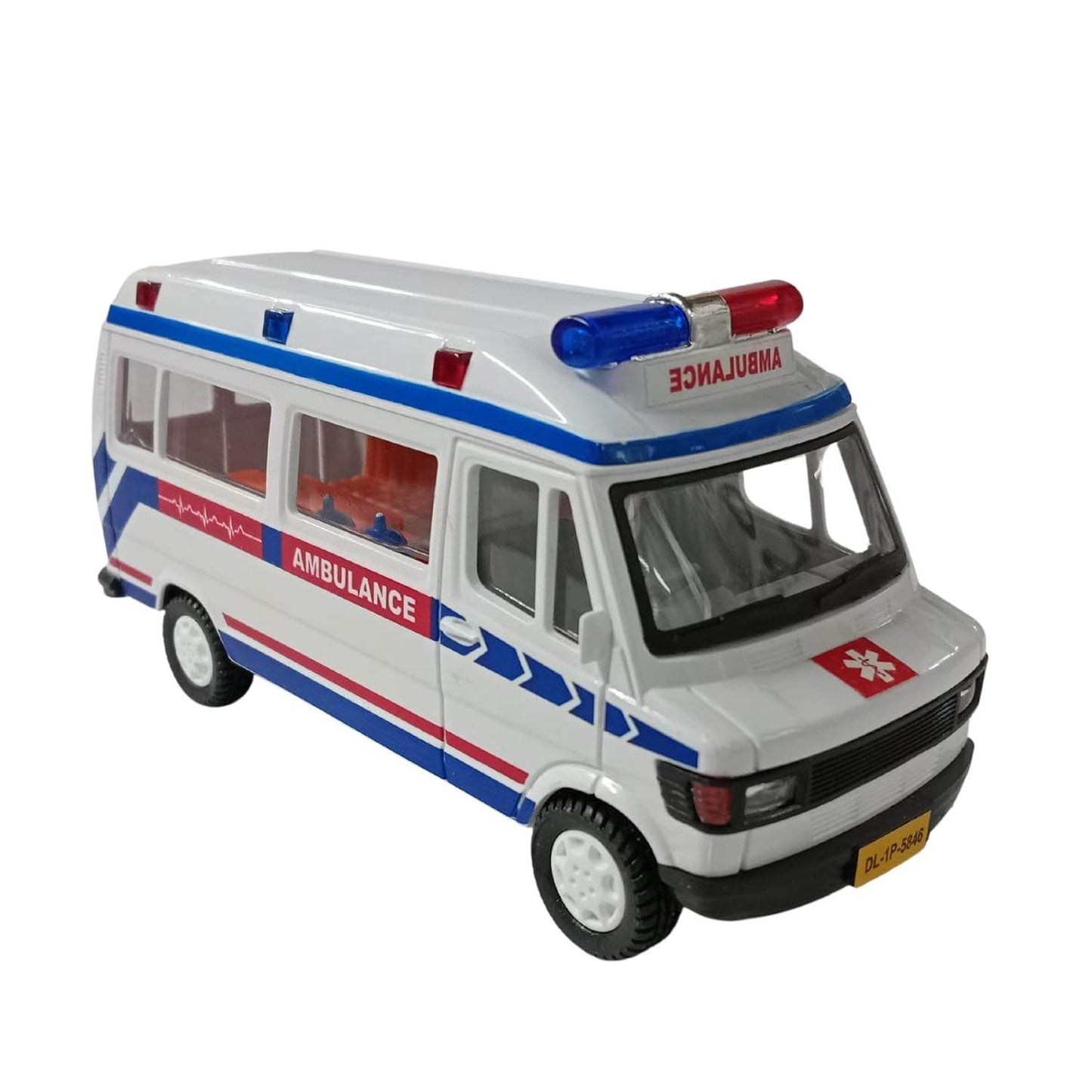White pull back ambulance vehicle toy with blue and red stripes and emergency lights