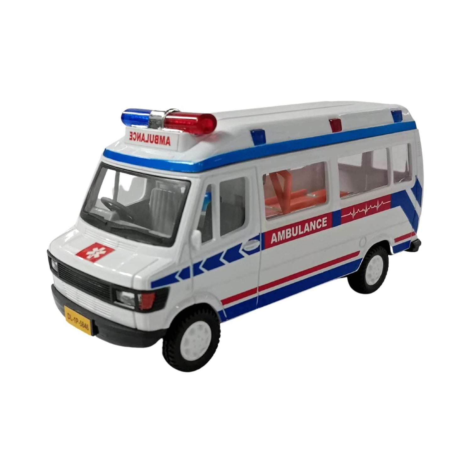 White and blue pull back ambulance vehicle toy with red emergency lights and detailed interior seats