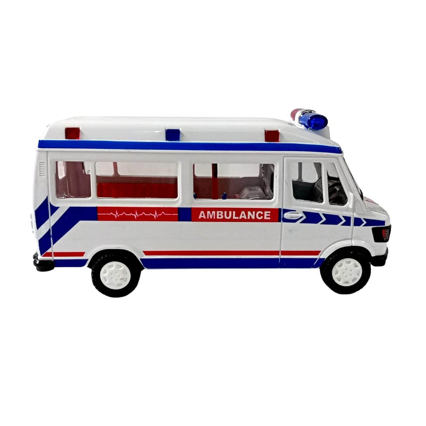 White and blue pull back ambulance vehicle toy with red and blue detailing from T-Rex the Toyland Sitamarhi