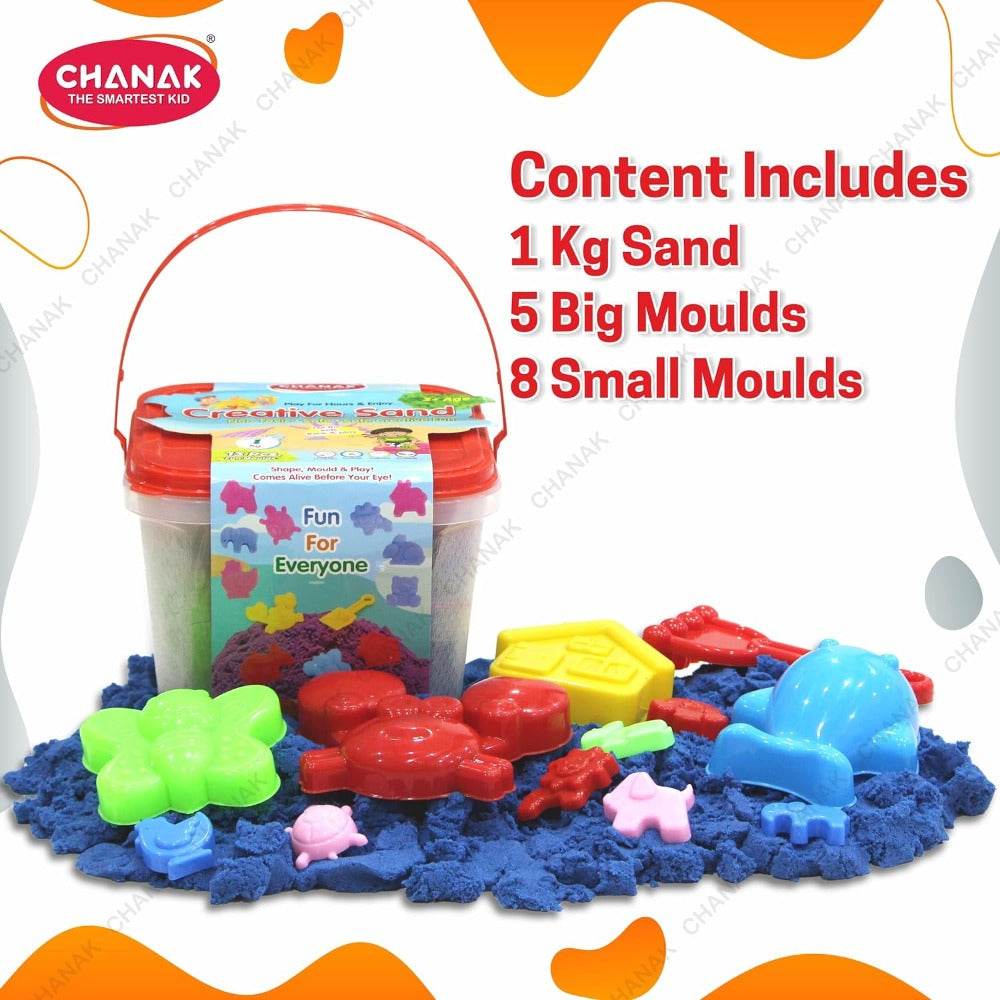 1kg sensory play sand kit with colorful molds and blue sand in a clear plastic bucket by Chanak