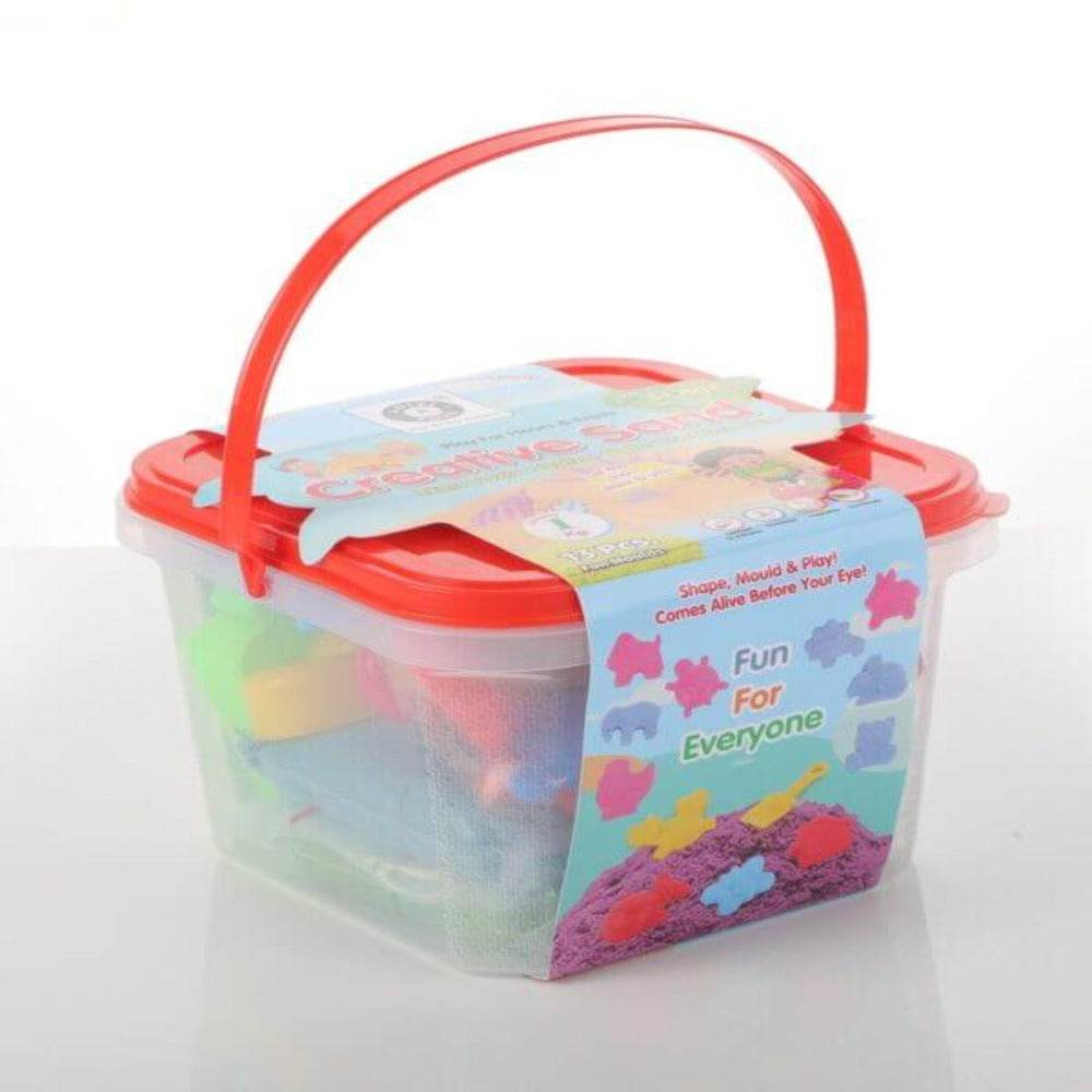 1kg sensory play sand kit in a clear plastic container with red lid and handle featuring colorful molds and tools
