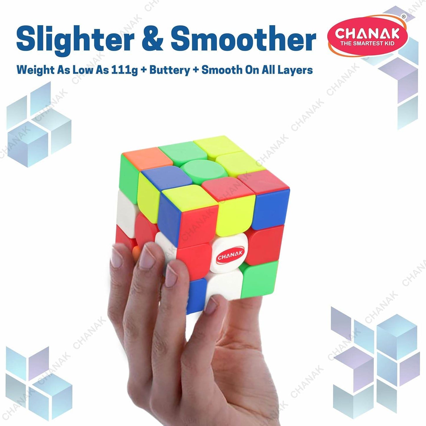 Hand holding Chanak 3x3 speed cube for kids with colorful smooth layers and lightweight design