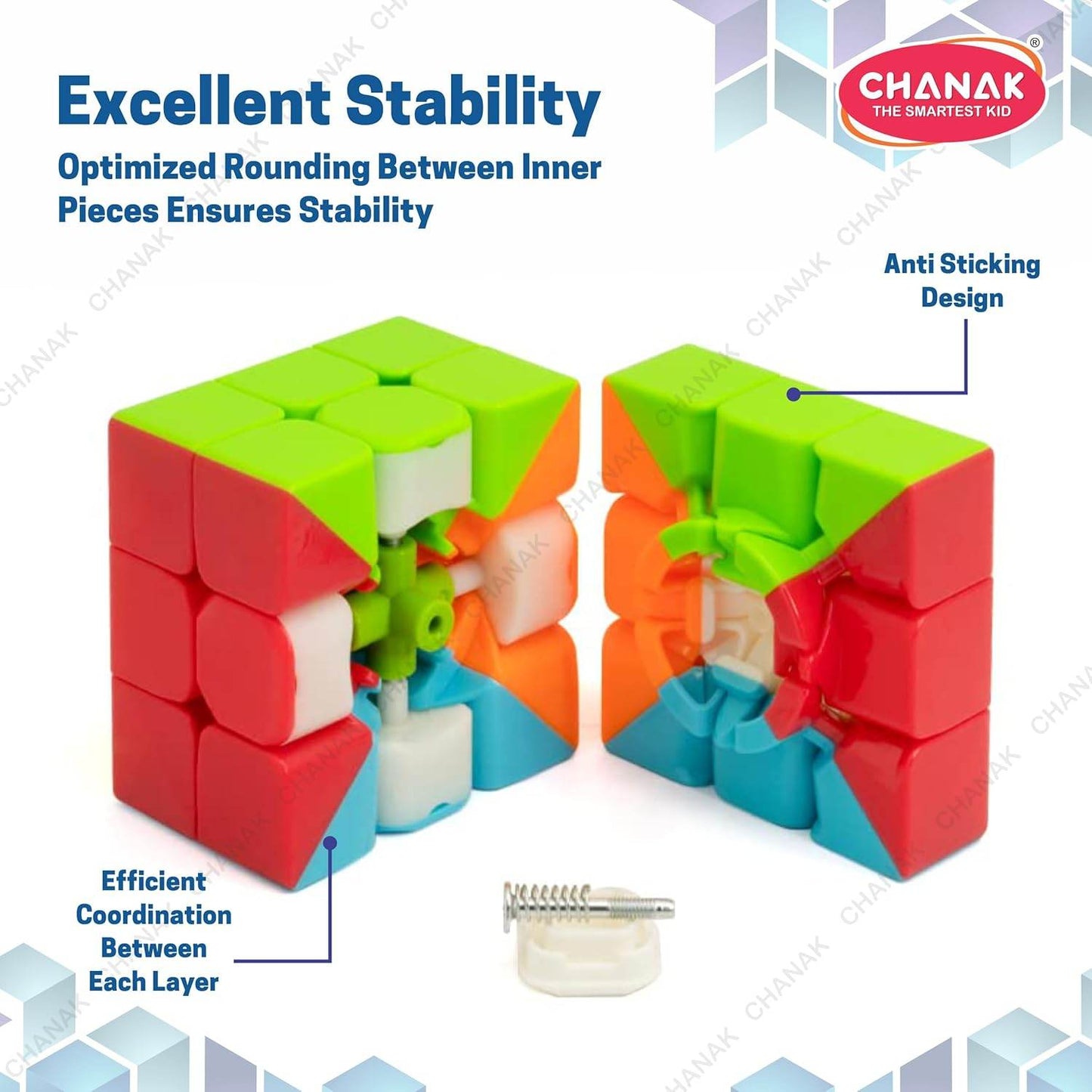 Chanak 3x3 speed cube for kids showing internal structure with anti sticking design and stable rounded inner pieces