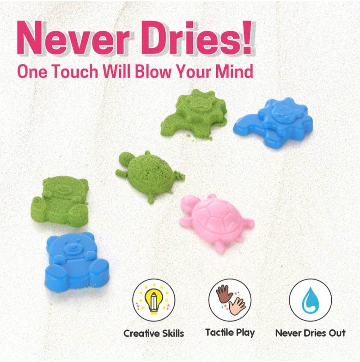 Creative sand kit for kids with colorful animal shapes that never dries out for tactile play