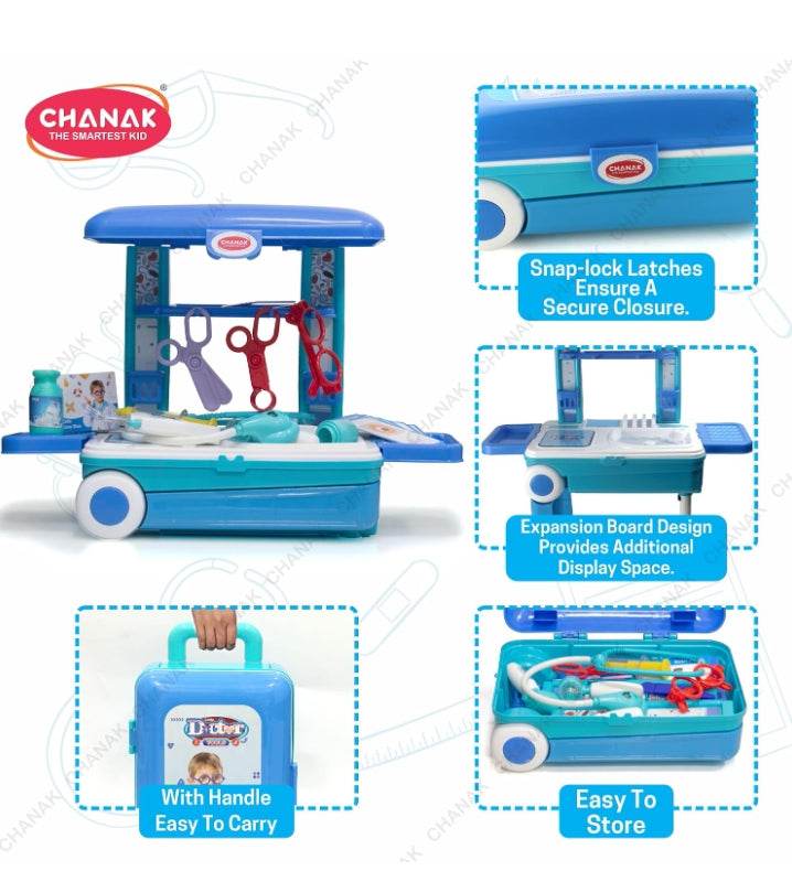Doctor trolley toy set for children with snap-lock latches, expansion board, easy to carry handle, and compact storage