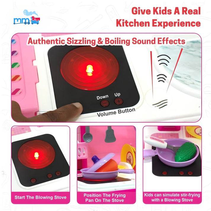 Kids kitchen play set with lights featuring a stove with red light and realistic sizzling and boiling sound effects