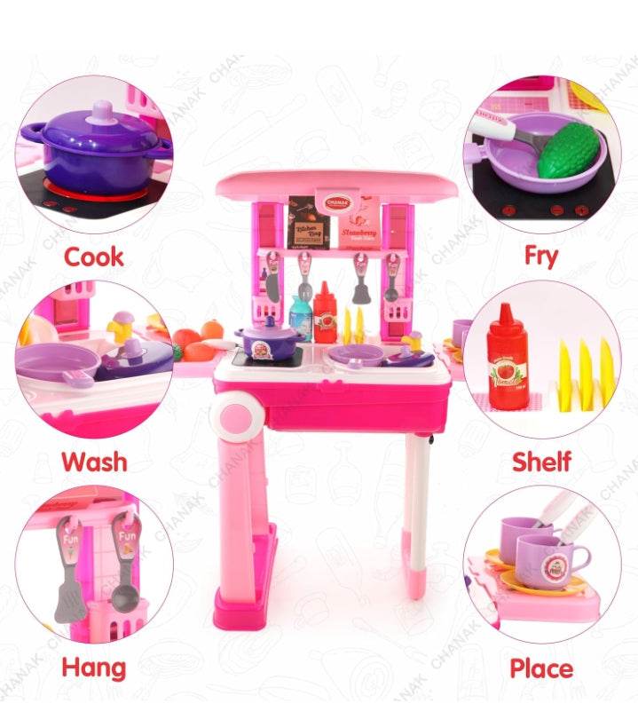 Kids kitchen play set with lights in pink featuring cooking, frying, washing, and accessory storage
