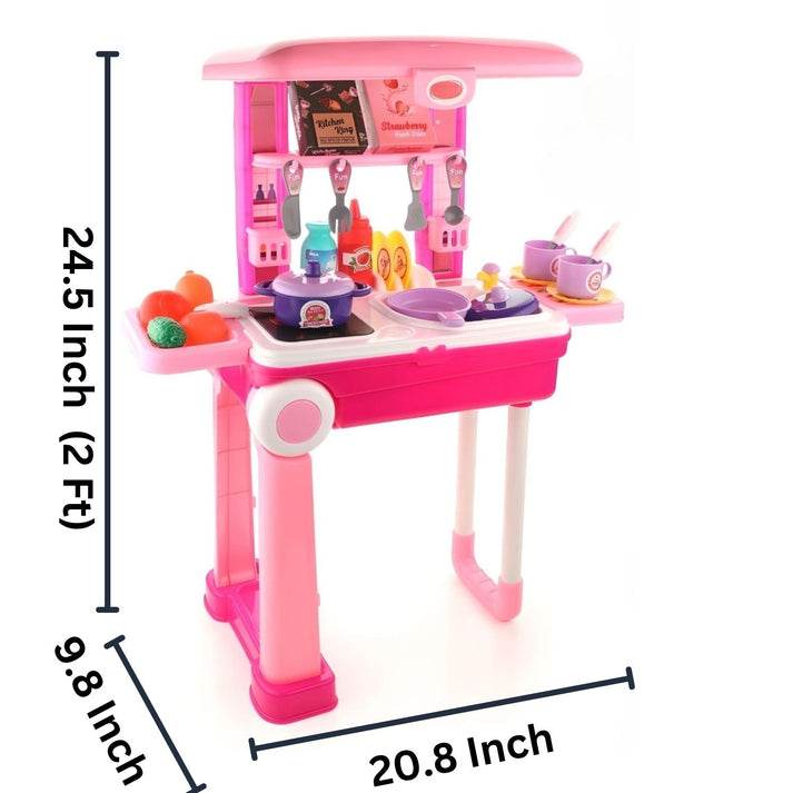 Pink kids kitchen play set with lights featuring cooking utensils and play food for imaginative play