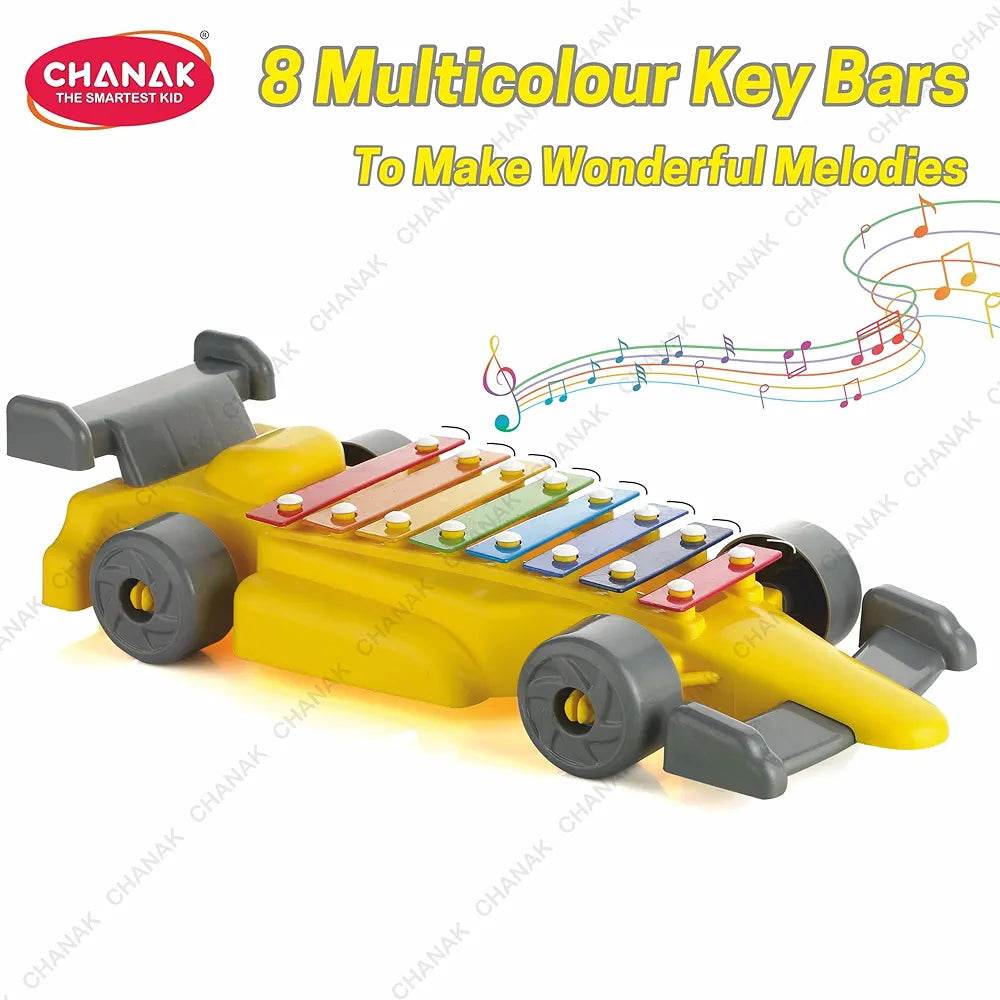 Yellow toy race car with 8 multicolor key bars musical car xylophone for kids to make melodies