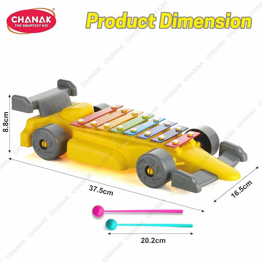 Yellow musical car xylophone for kids with colorful metal keys and two mallets