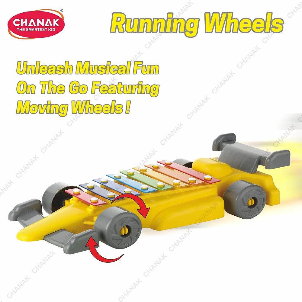Yellow musical car xylophone for kids with moving wheels and colorful metal keys