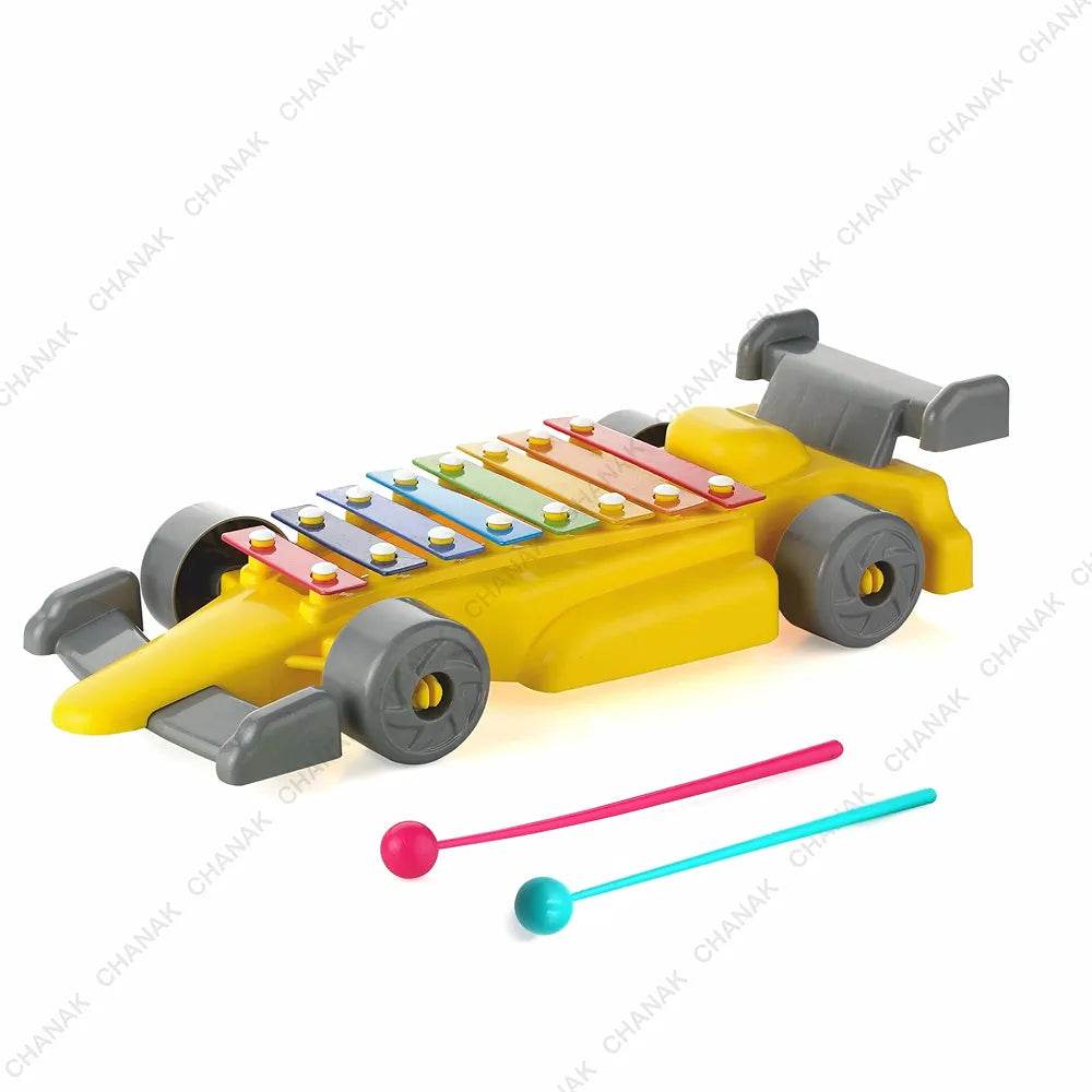 Yellow racing car shaped musical car xylophone for kids with colorful metal keys and two mallets