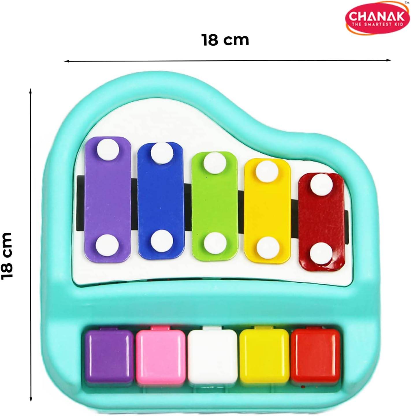 Colorful musical xylophone toy for kids with 5 rainbow keys and matching buttons in a turquoise frame