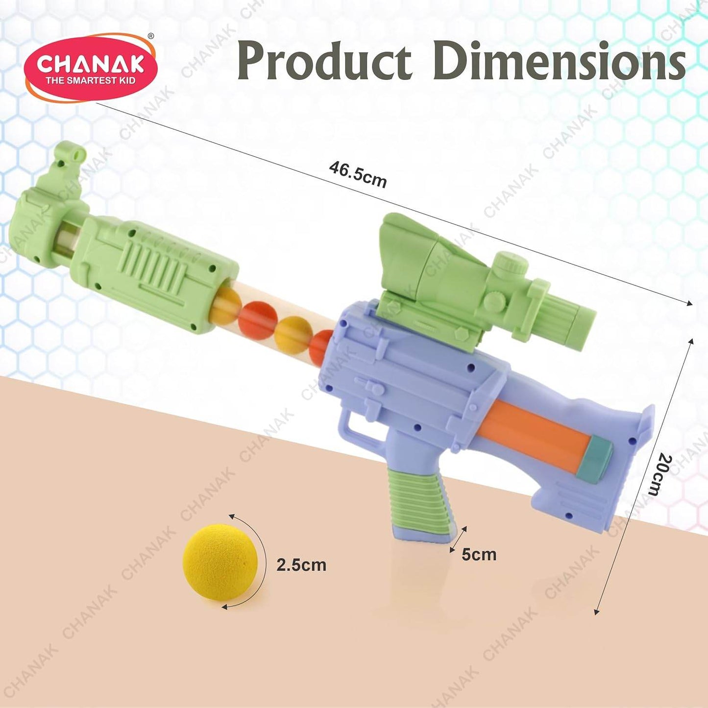 Colorful toy gun with balls showing product dimensions for outdoor shooting games for children