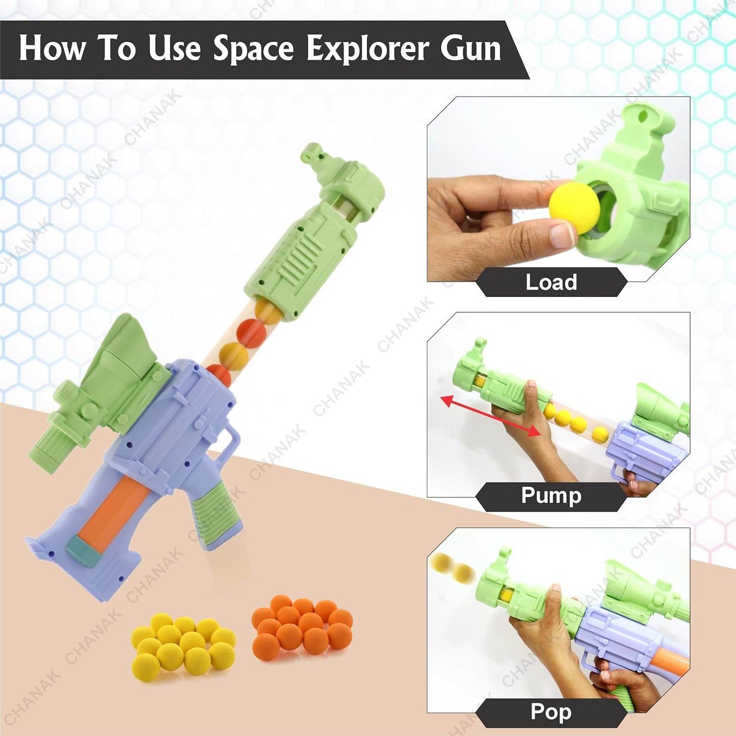 Space Explorer Gun toy demonstrating loading, pumping, and shooting yellow balls for outdoor shooting games for children