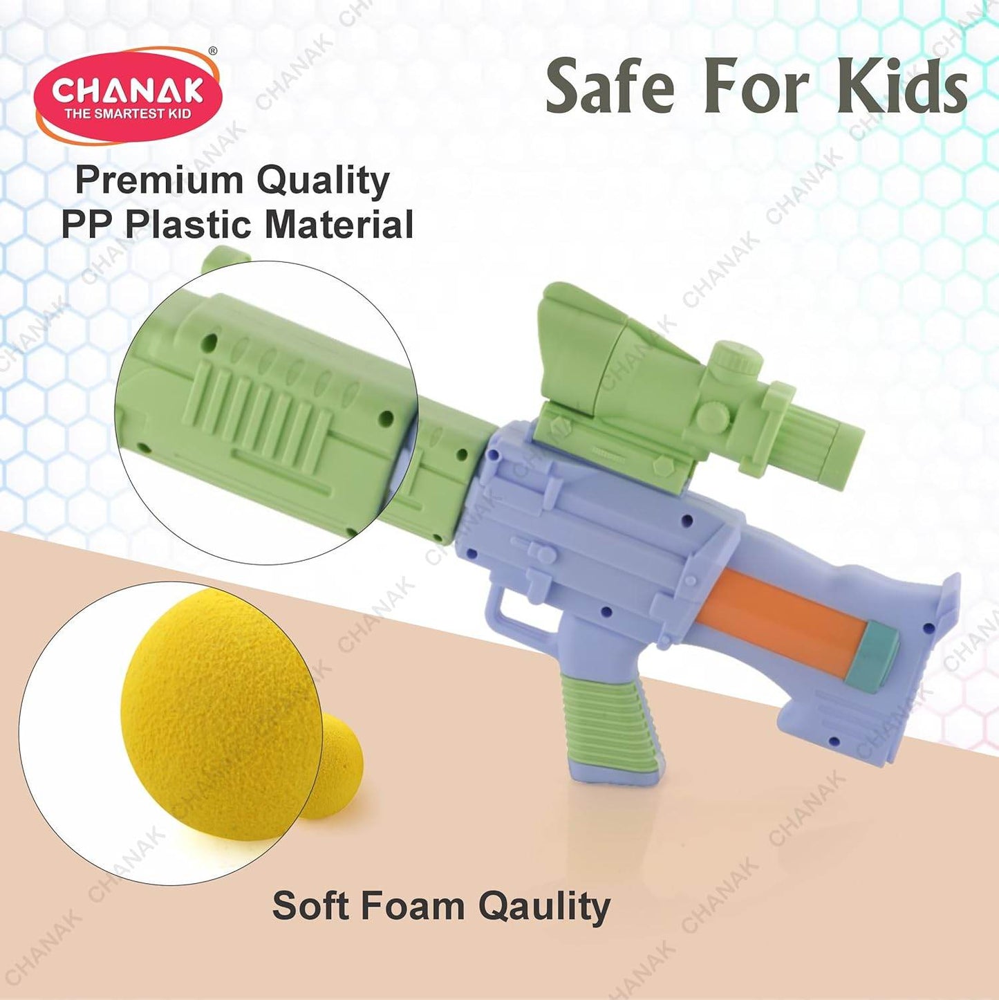 Colorful toy gun with green scope and soft foam balls for outdoor shooting games for children