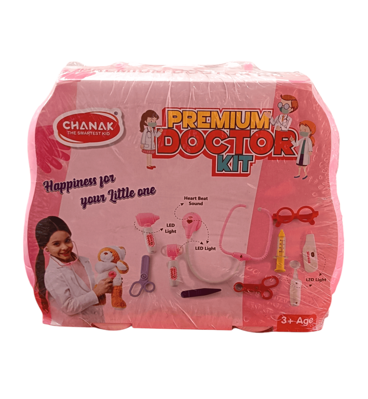 Premium doctor play kit for kids with toy stethoscope, syringe, scissors, and glasses in pink packaging