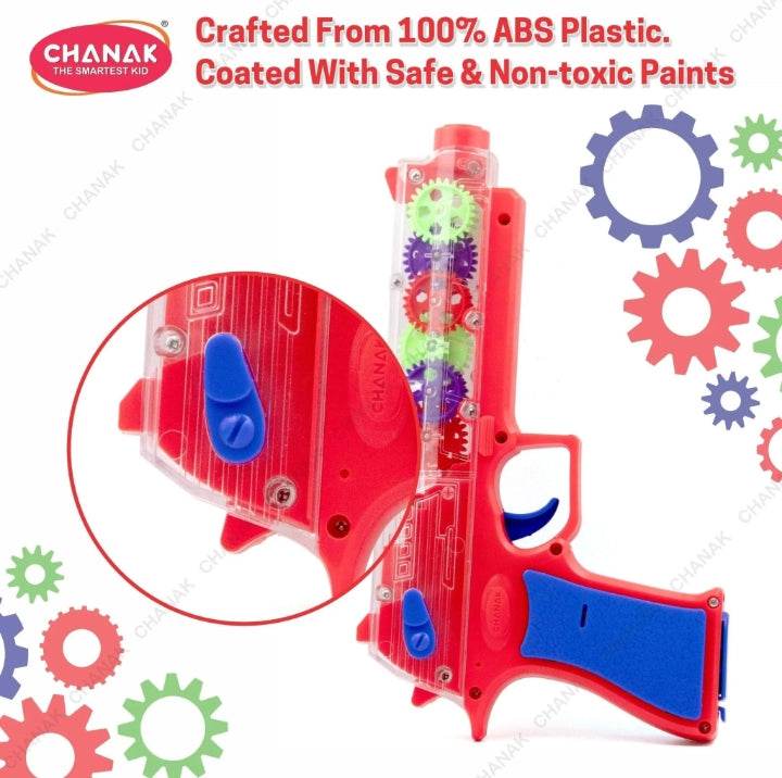 Transparent gear gun toy for kids made from 100 percent ABS plastic with colorful internal gears