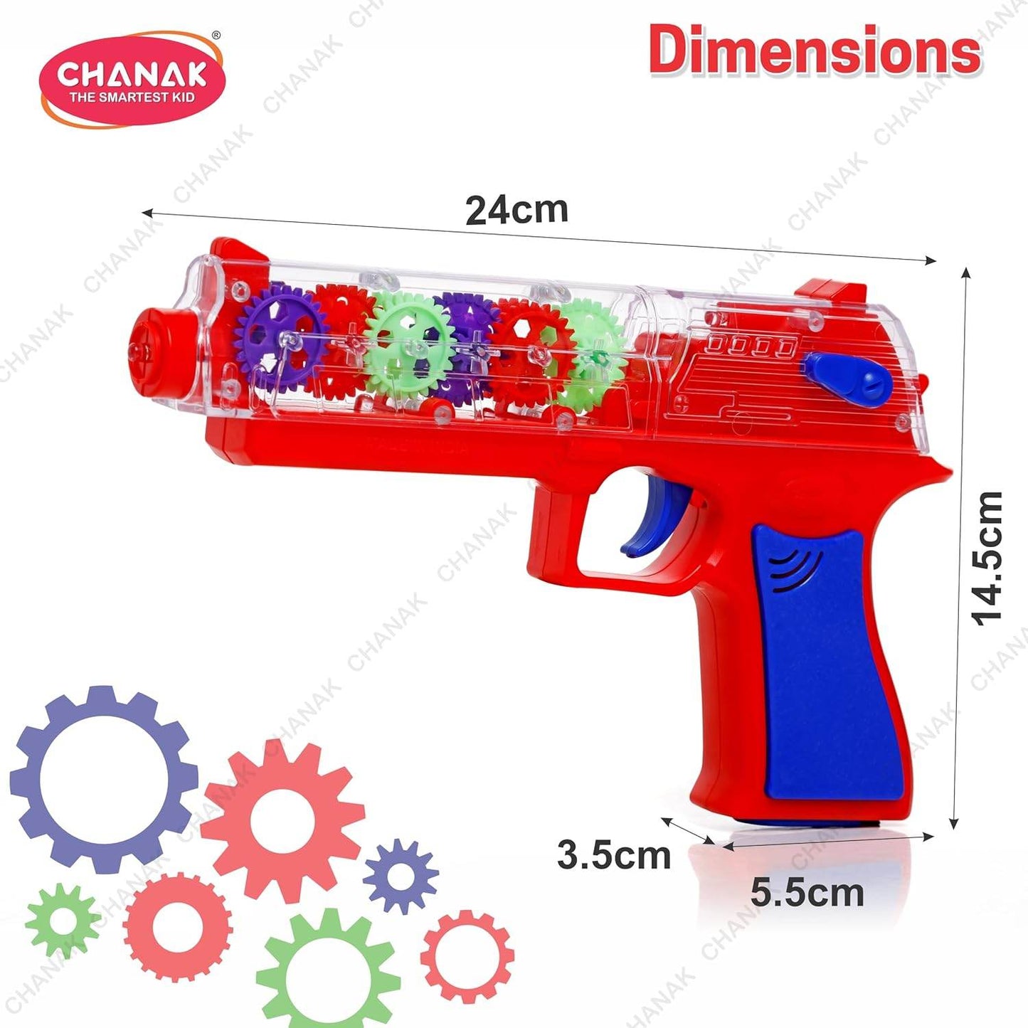 Transparent gear gun toy for kids with colorful gears and red and blue handle measuring 24 cm long