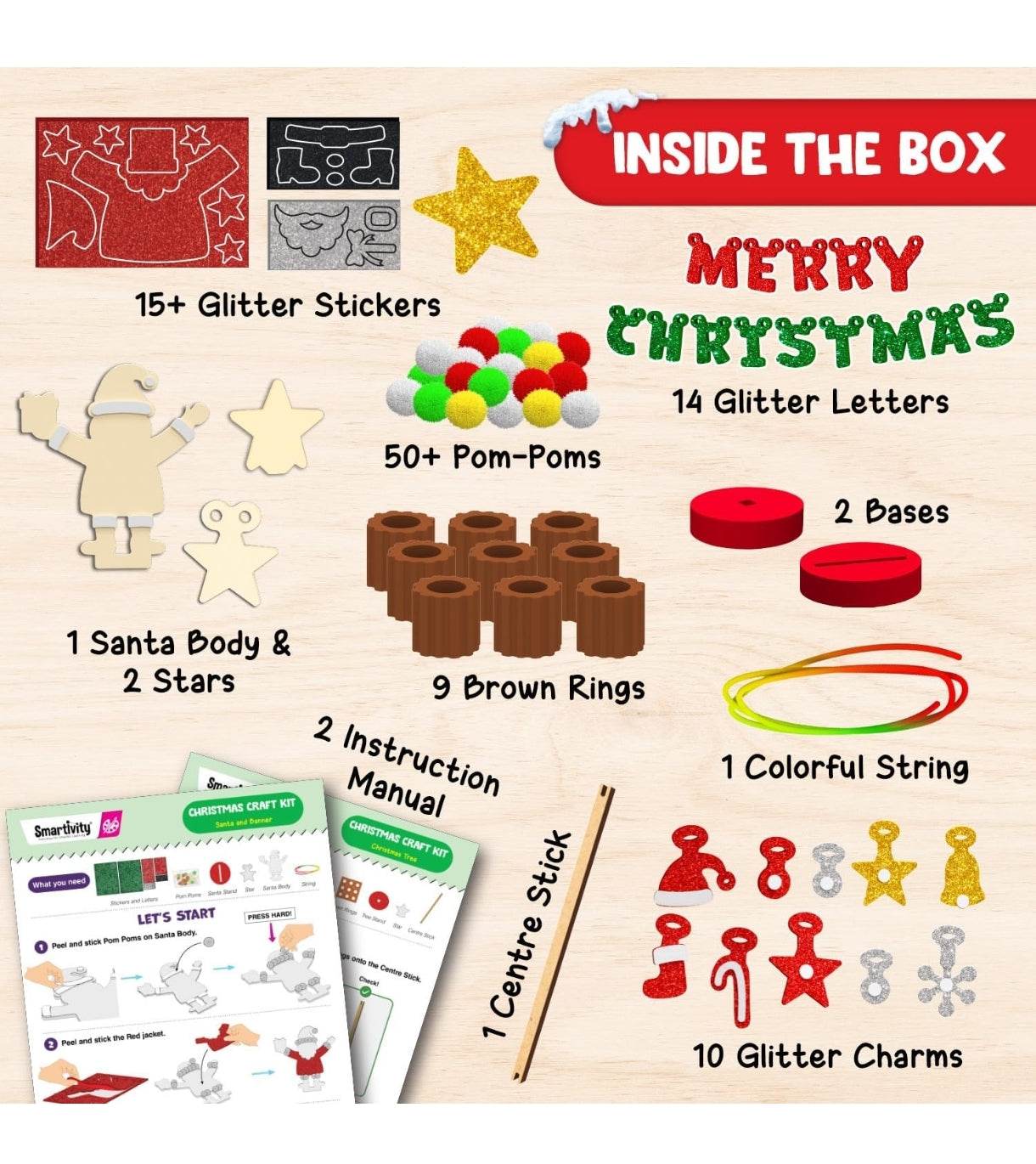 Christmas craft kit for kids with glitter stickers, pom-poms, letters, charms, and instruction manual