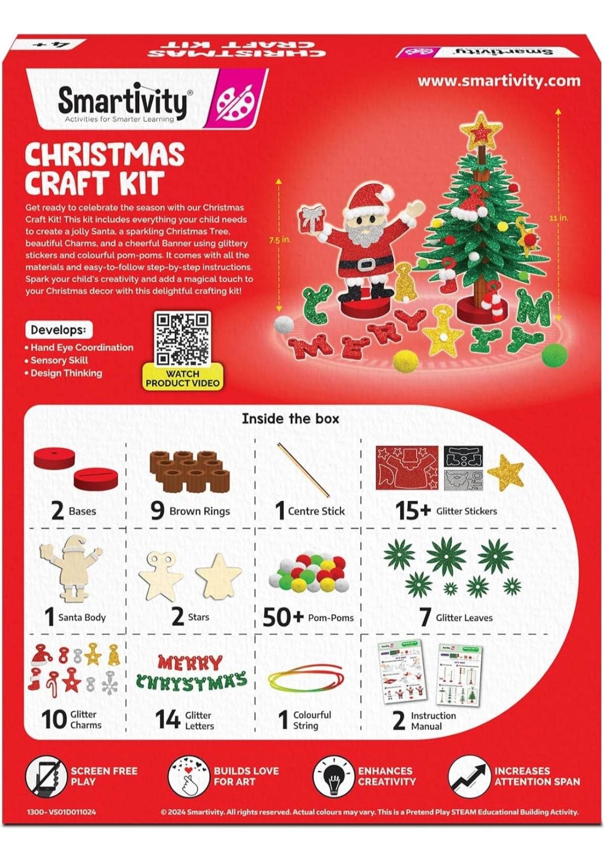 Smartivity Christmas craft kit for kids with Santa, Christmas tree, pom-poms, glitter stickers, and assembly instructions