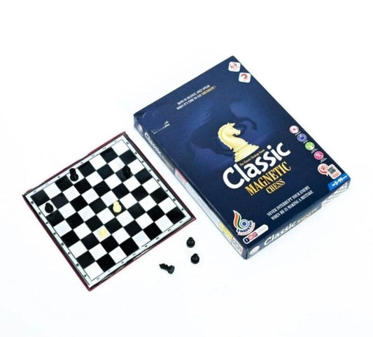 Classic magnetic chess board game with black and white chess pieces and a blue box by T-Rex the toyland Sitamarhi