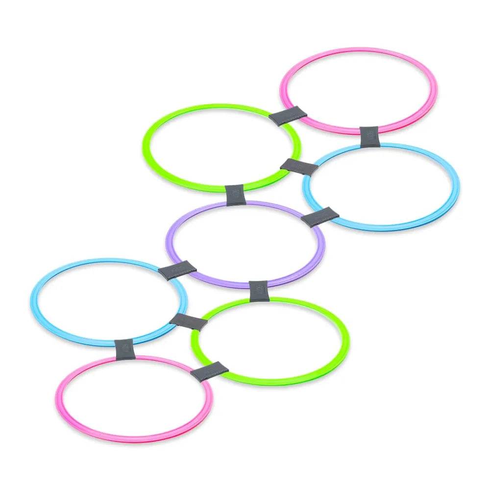 Colorful linked plastic rings for outdoor play lightweight portable kids unicorn hopscotch set with spinner