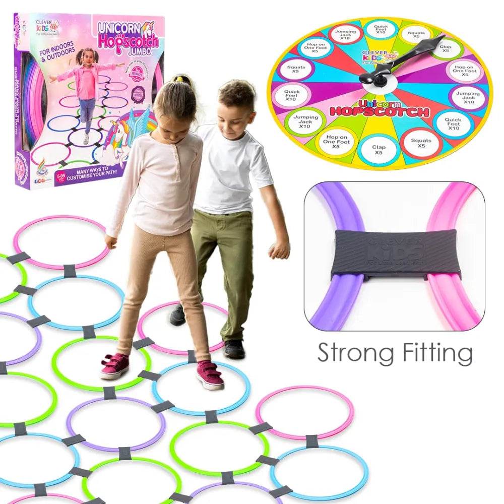 kids unicorn hopscotch set with spinner showing colorful rings connectors round spinner board and children playing