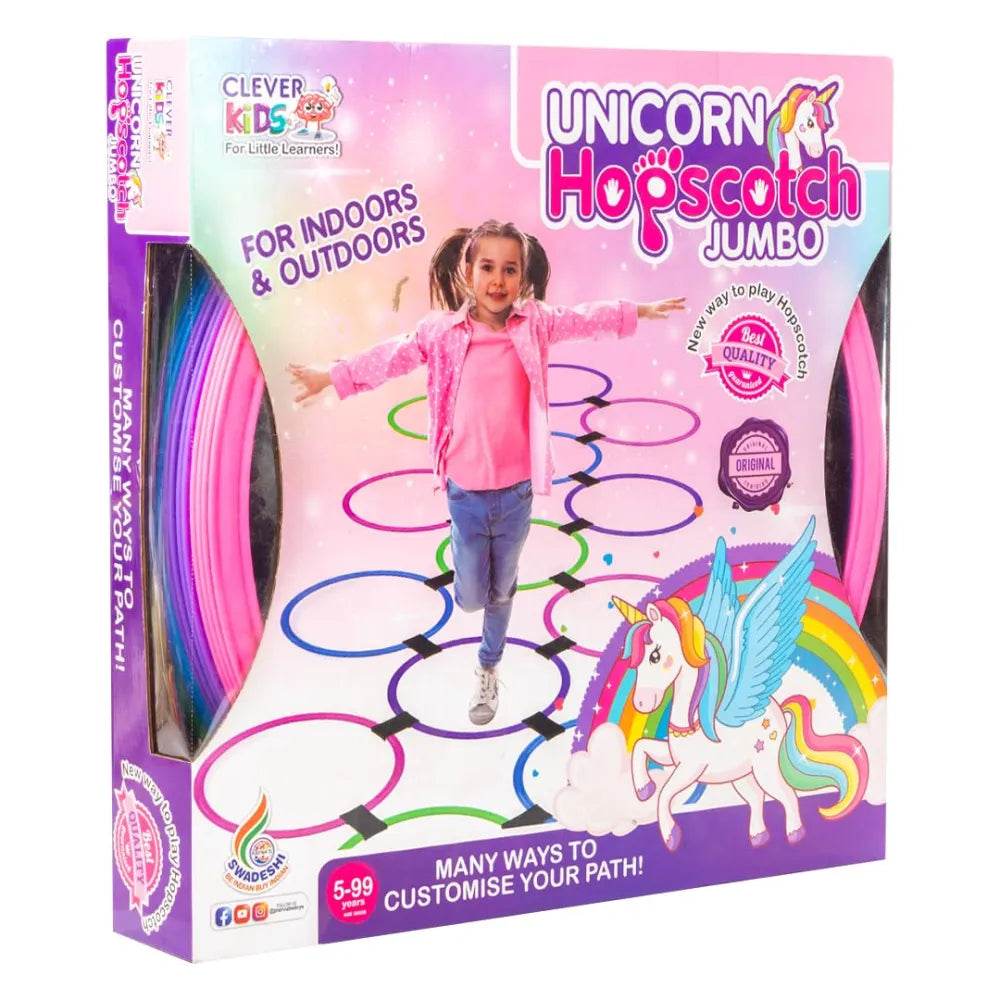 kids unicorn hopscotch set with spinner packaging showing a girl jumping on colorful rings and unicorn art